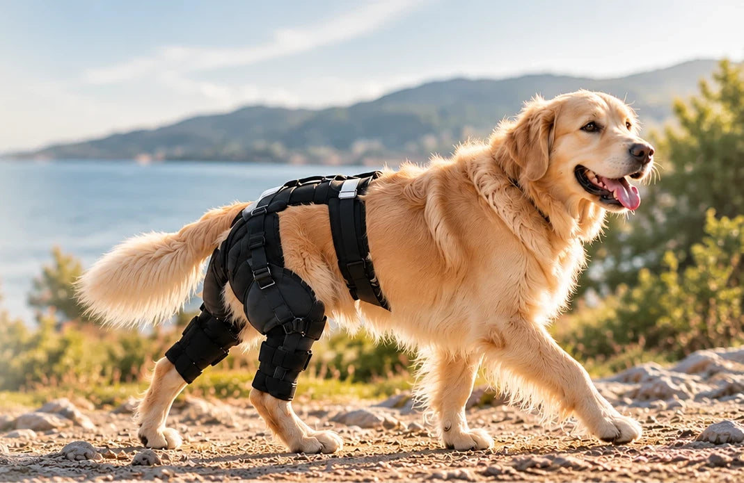 Golden retriever en balade avec la genouillère double Kneepaw